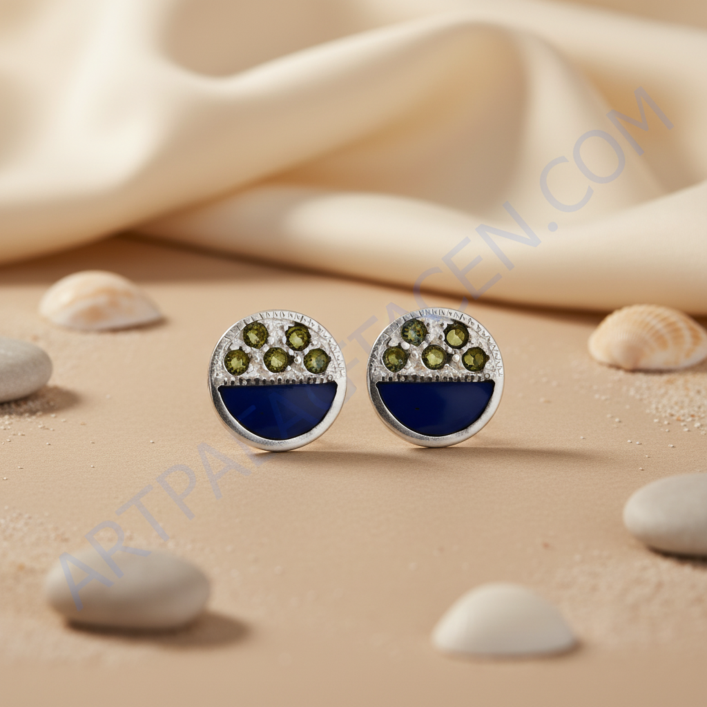 Silver Stud Earrings with Blue Enamel & Green Stone Accents