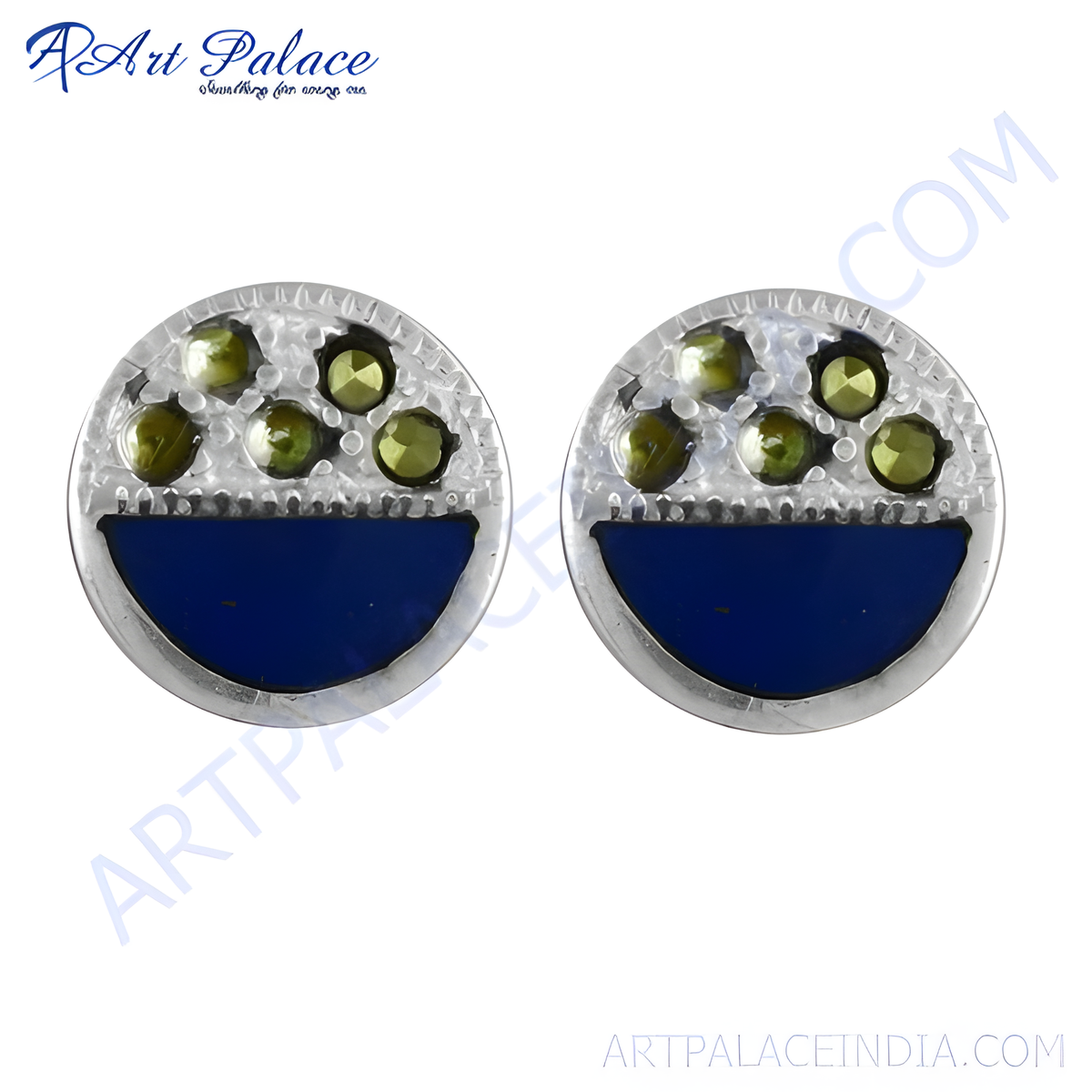 Silver stud earrings with blue enamel and green stone accents, perfect for daily wear