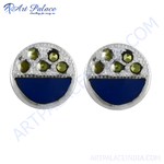 Load image into Gallery viewer, Silver stud earrings with blue enamel and green stone accents, perfect for daily wear.
