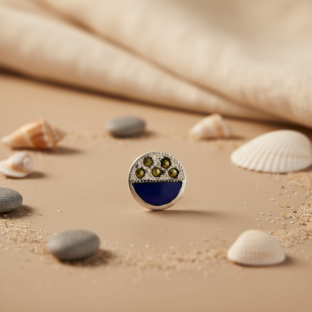 Silver Stud Earrings with Blue Enamel & Green Stone Accents
