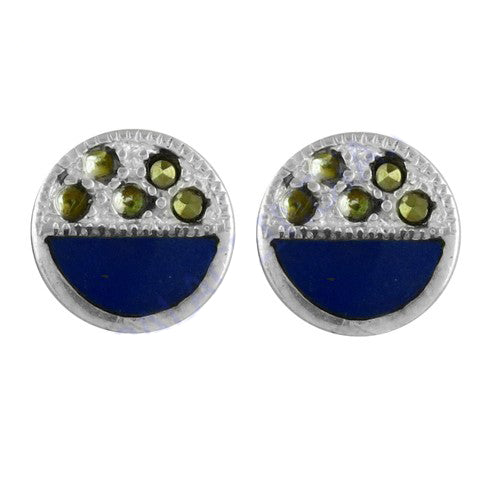 Silver stud earrings with blue enamel & green stone accents