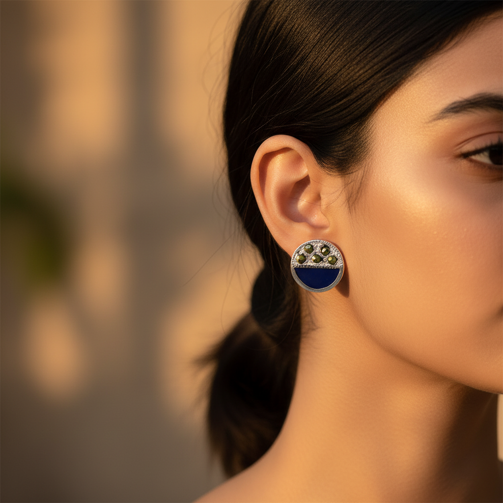 Silver Stud Earrings with Blue Enamel & Green Stone Accents