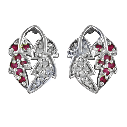 Dual Leaf Style Pink & White CZ Gemstone Silver Earrings