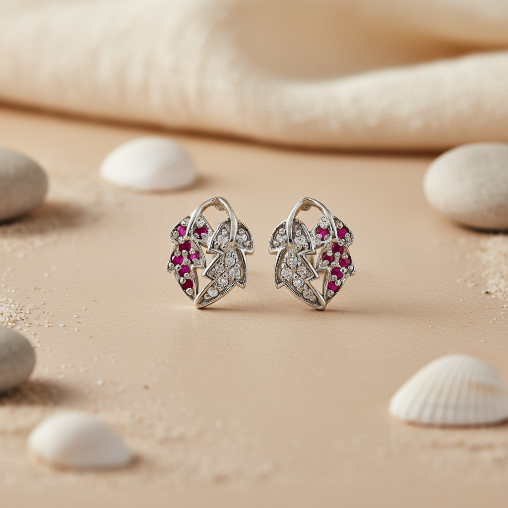 Silver Leaf Stud Earrings with Ruby & Diamond Accents