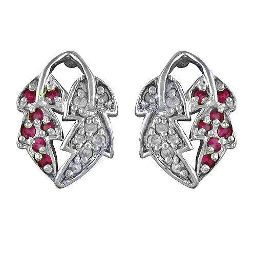Silver leaf stud earrings with ruby & diamond accents