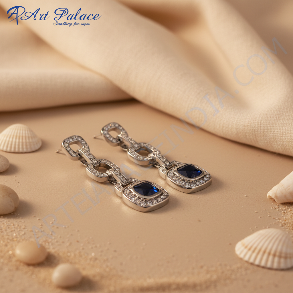 Silver Sapphire Drop Earrings | Chain Link Dangle Earrings for Women