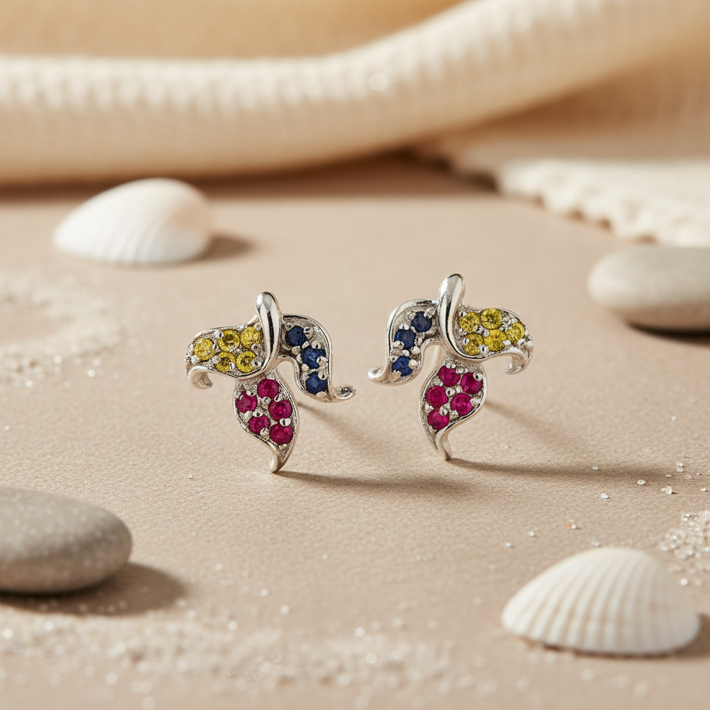 Silver Leaf Stud Earrings with Ruby & Sapphire Gemstones