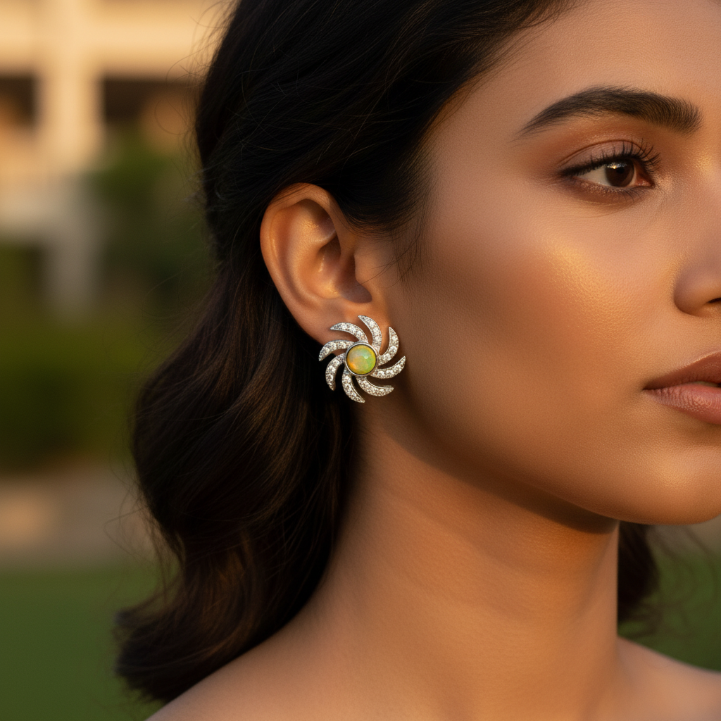 Silver Cats Eye Stud Earrings for Women | Floral Design