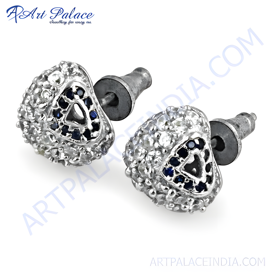 Silver stud earrings featuring a triangular design with blue gemstones, perfect for daily wear.
