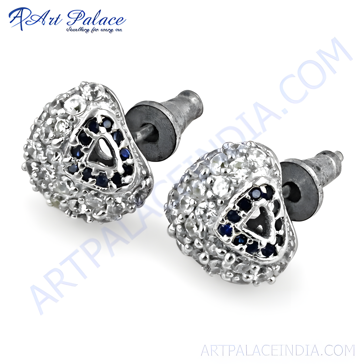 Silver stud earrings featuring a triangular design with blue gemstones, perfect for daily wear