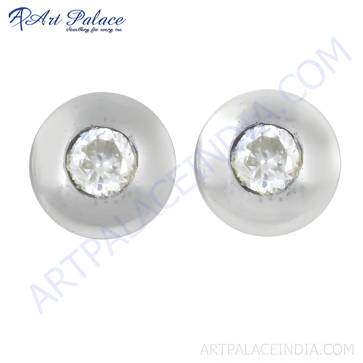 Silver stud earrings with round white gemstones, showcasing a classic and elegant design