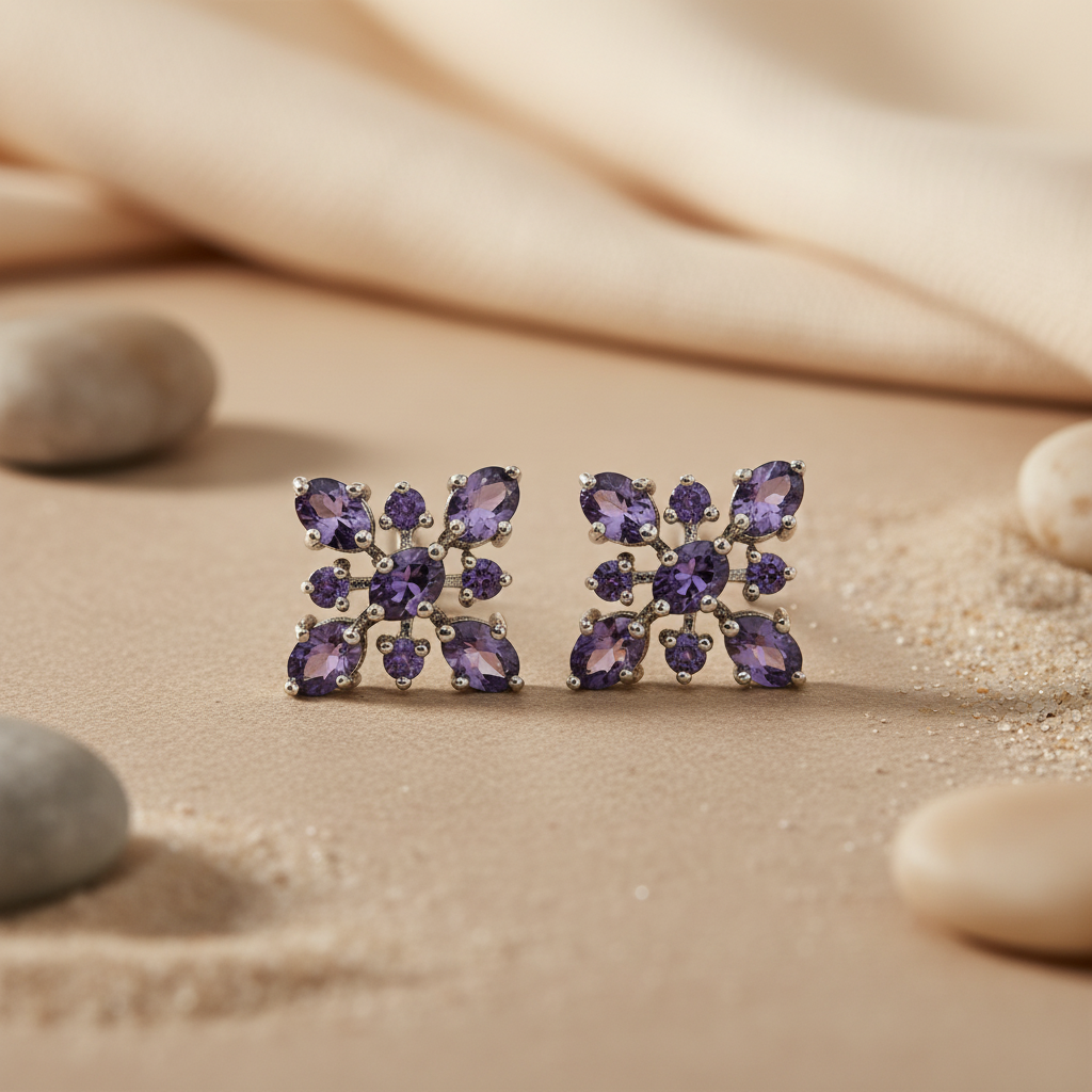 Amethyst Stud Earrings in Silver | Flower Design | For Women