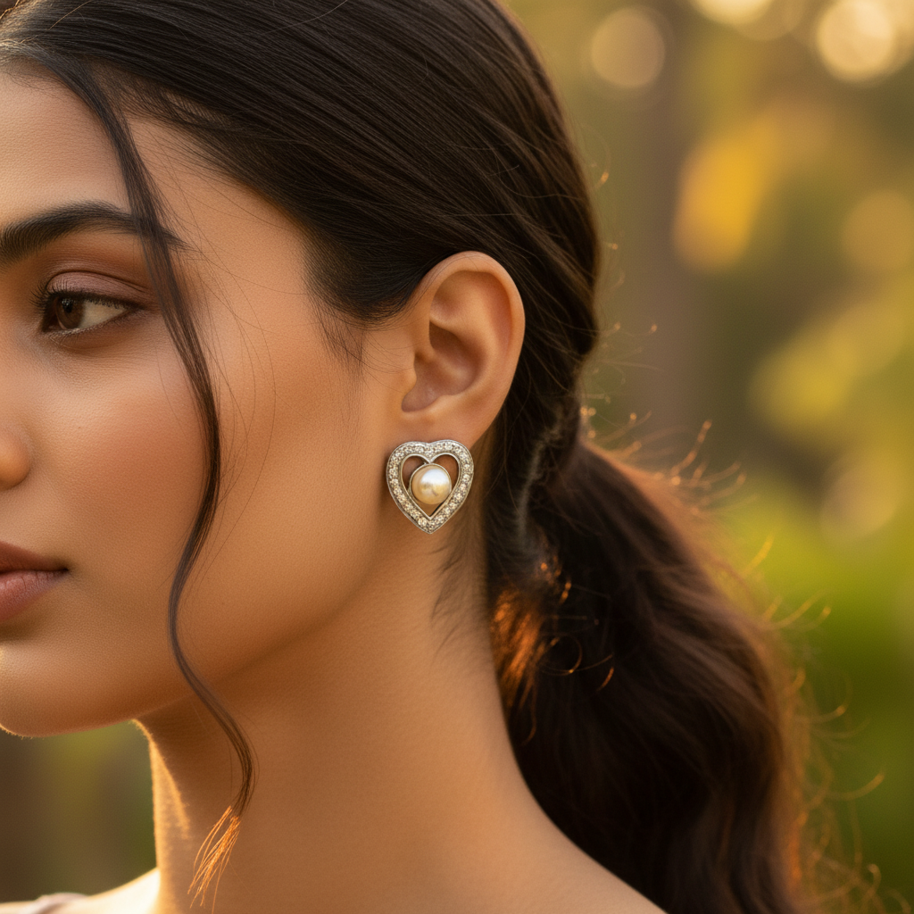 Silver Heart Pearl Stud Earrings | Women's Jewelry Gift