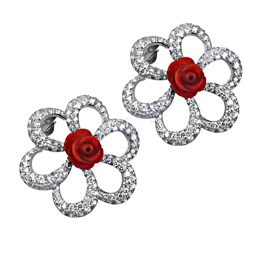 Lovely Rose Flower Gemstone Silver Earrings With CZ & Synthetic Coral