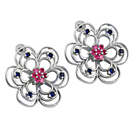 Ingenious Flower Inkzirconia & Pink CZ Gemstone Silver Earrings