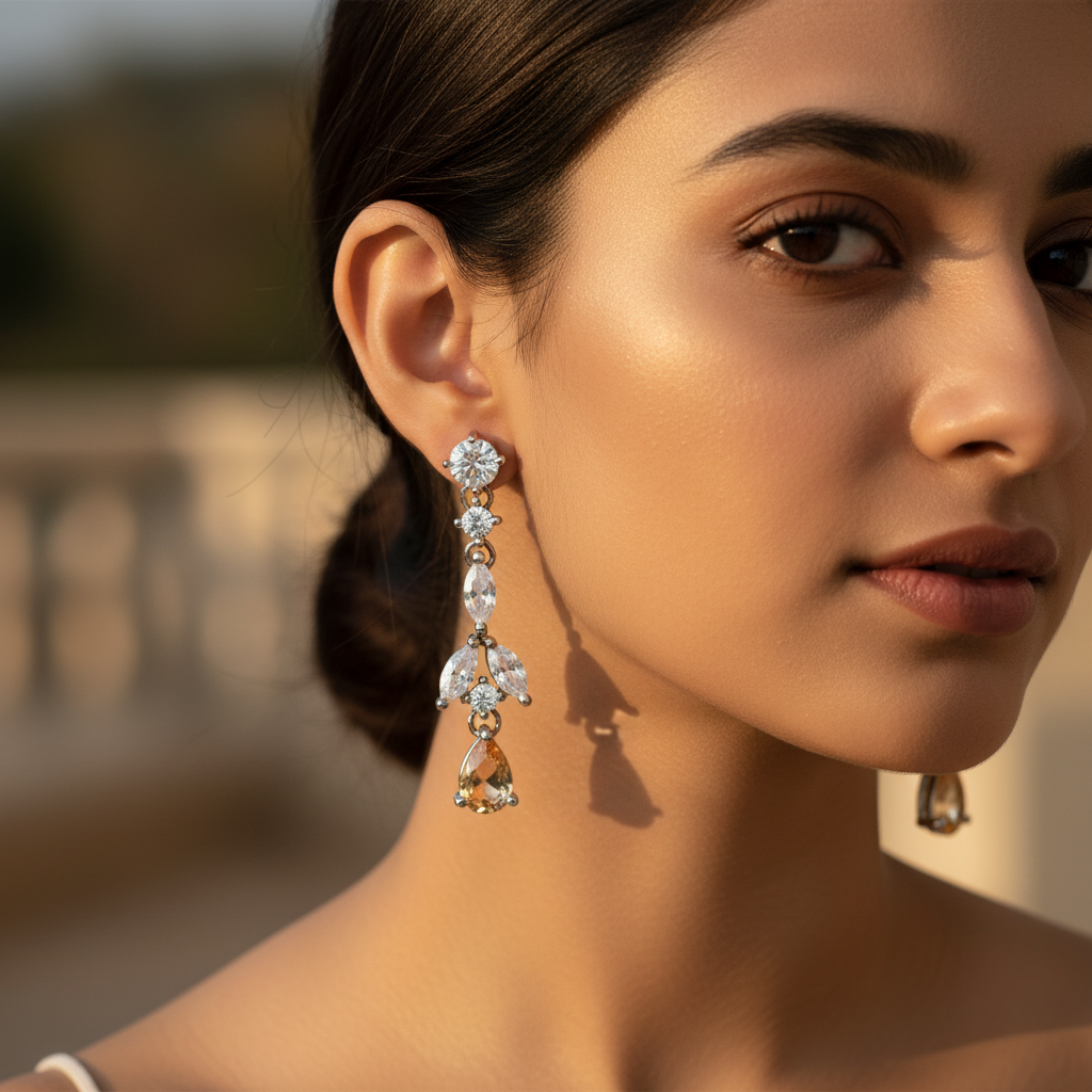 Silver Drop Dangle Earrings with Citrine Stone | Women's Jewelry