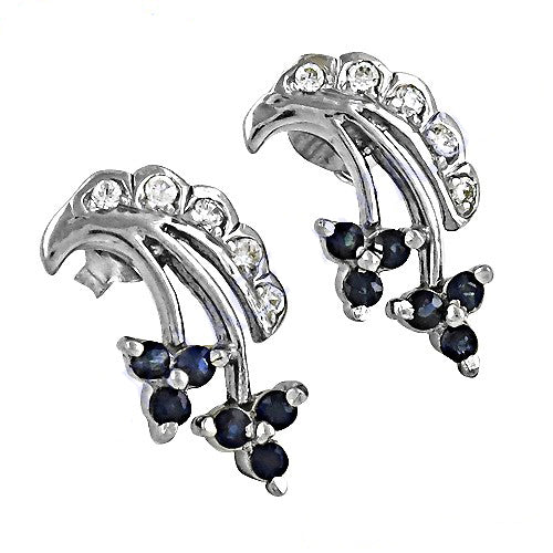 Silver Sapphire Stud Earrings for Women | Floral Design Jewelry