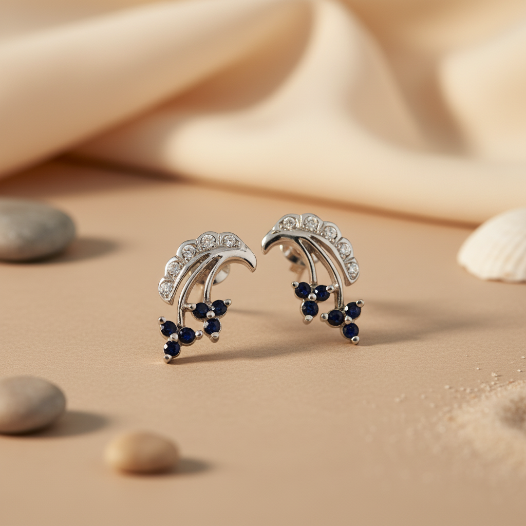 Silver Sapphire Stud Earrings for Women | Floral Design Jewelry
