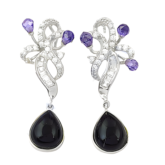 Fabulous Black Onyx & Cubic Zirconia Gemstone Silver Earrings