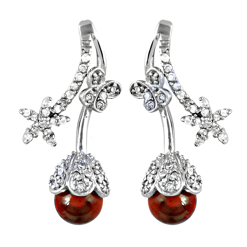 Fashion Accessories Red Glass & Cubic Zirconia Gemstone Silver Earrings