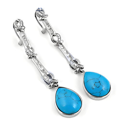 Fantastic Cz & Synthetic Turquoise Gemstone Silver Earrings