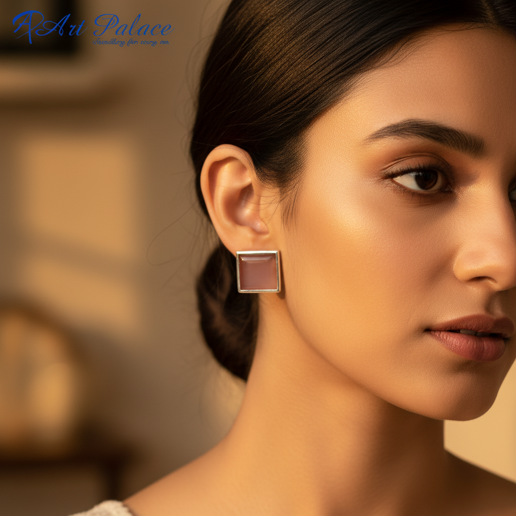 Silver Square Stud Earrings with Red Stone | Women's Fashion Jewelry