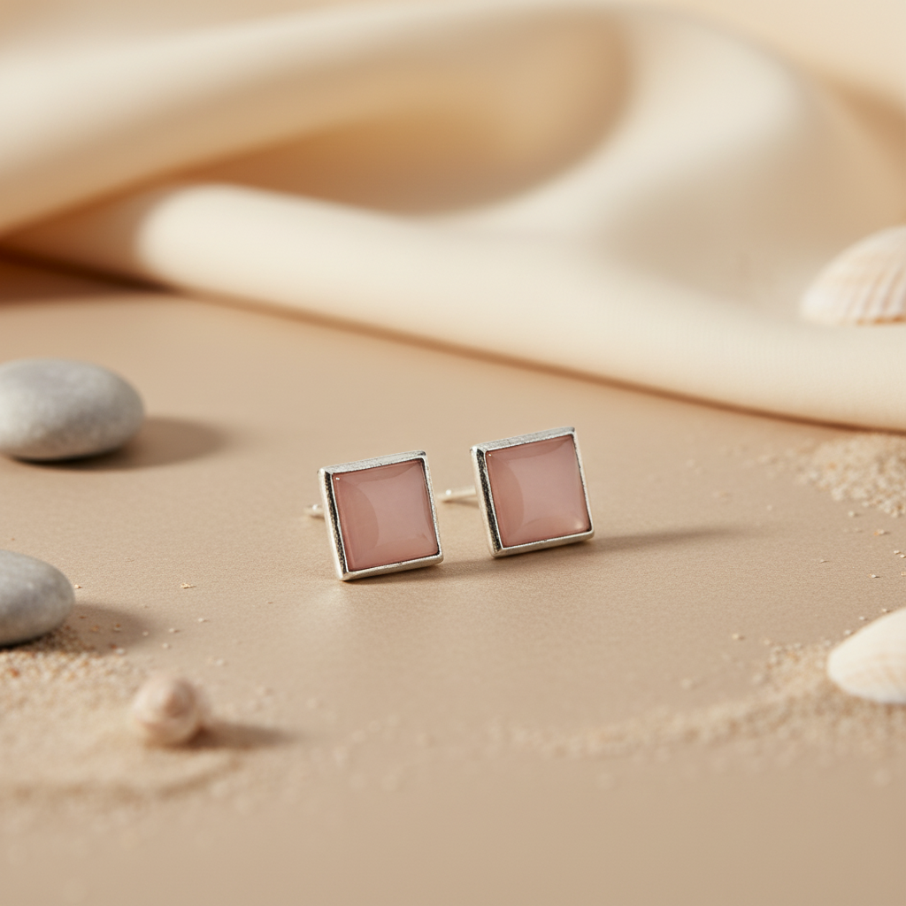Silver Square Stud Earrings with Red Stone | Women's Fashion Jewelry