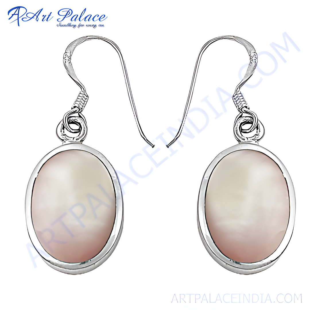 Sterling silver dangle earrings with oval mother of pearl gemstones, light pink and white in color.
