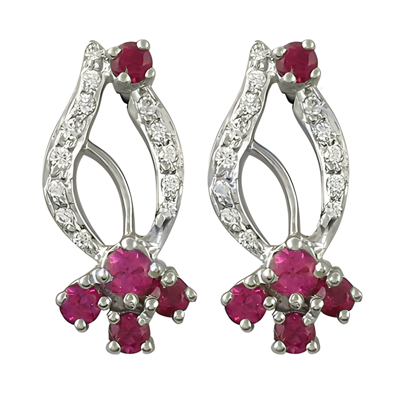 Delicate Red Cubic Zirconia & Cubic Zirconia Gemstone Silver Earrings