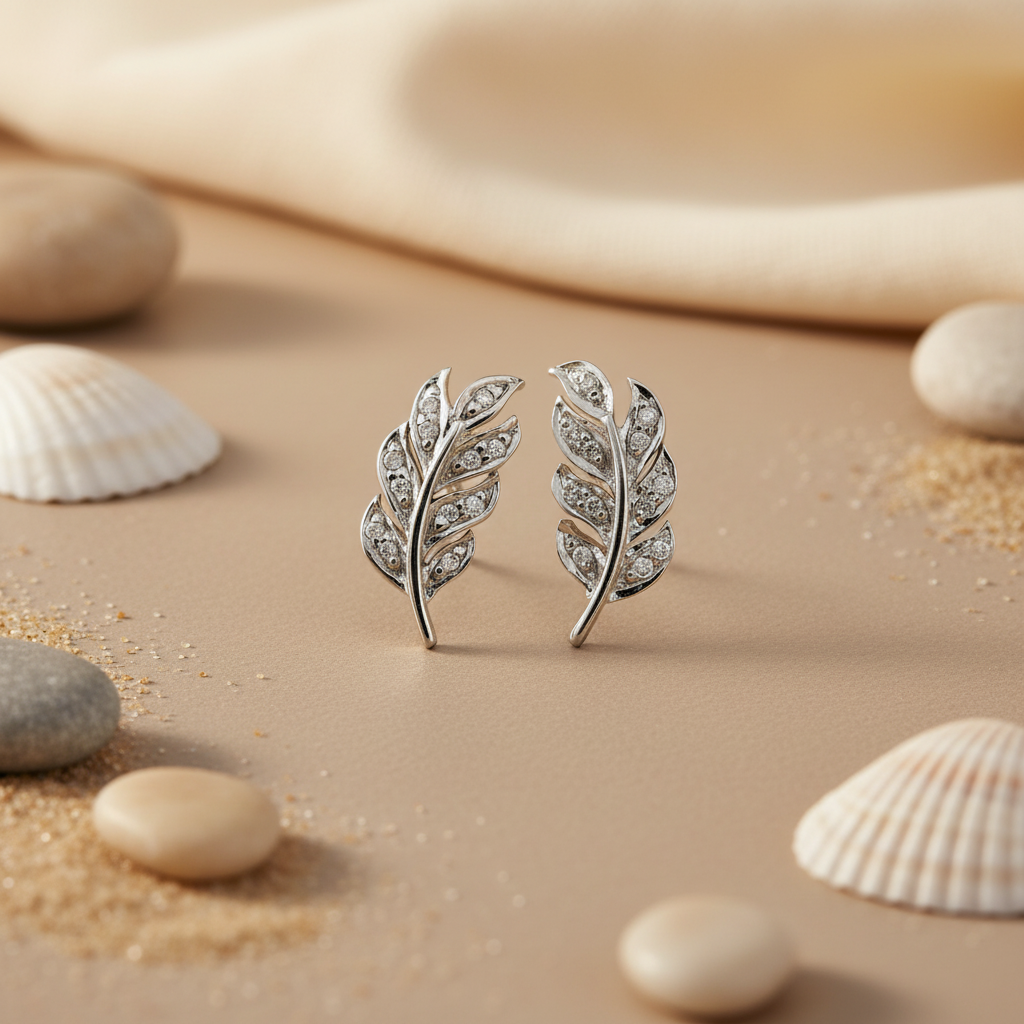 925 Silver Leaf Stud Earrings | Diamond-Accented Jewelry for Women