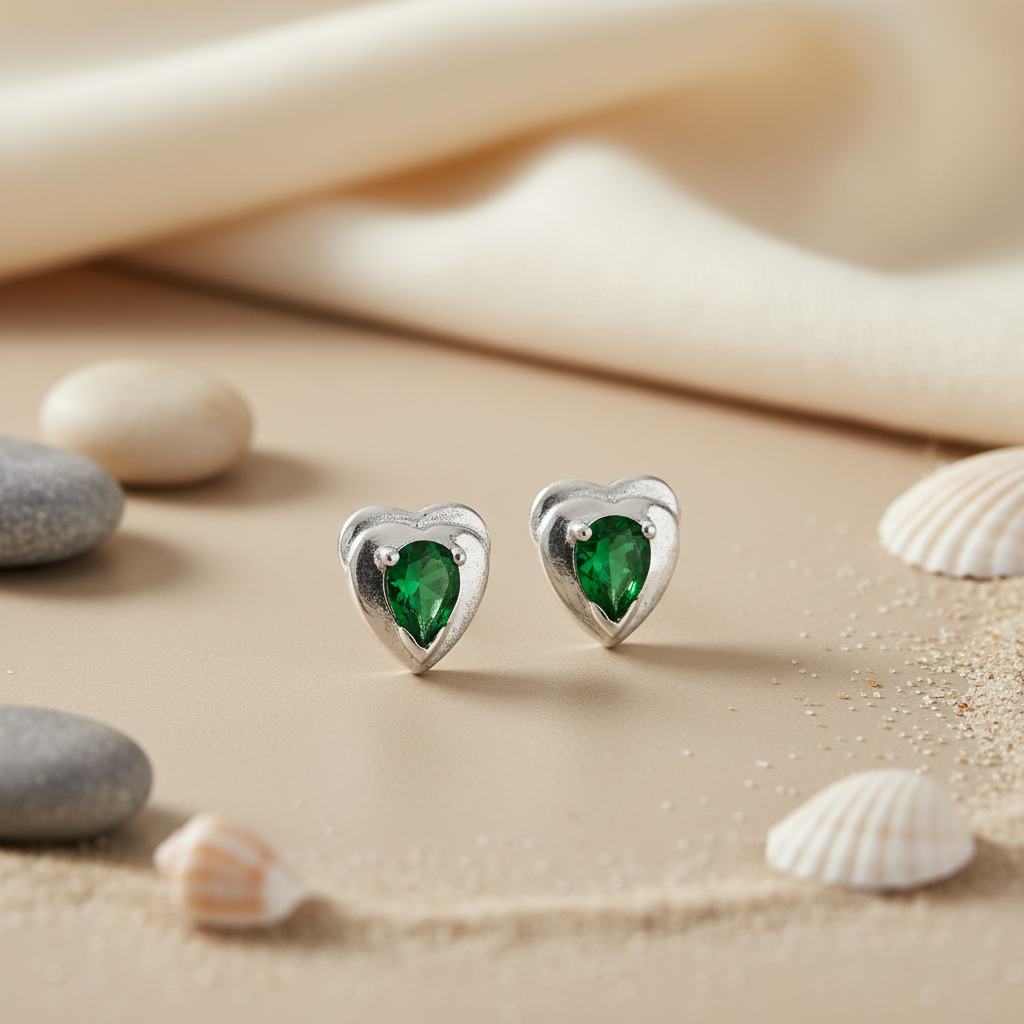 Silver Heart-Shaped Emerald Stud Earrings for Women