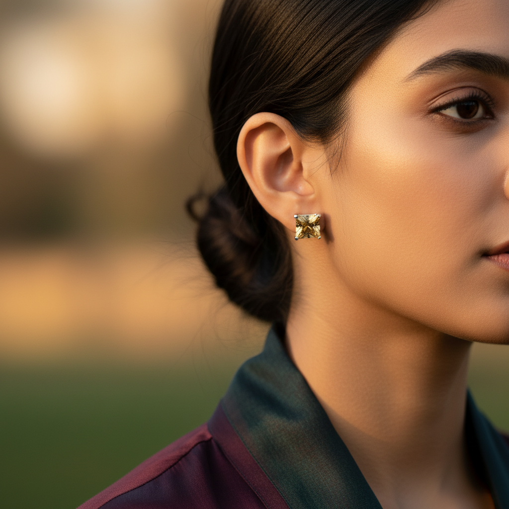 925 Silver Citrine Stud Earrings | Square Cut | Women's Gift