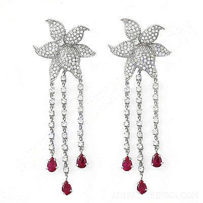 Silver Flower Earrings with Ruby Drops | Women's Dangle Earrings