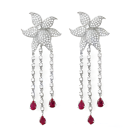 Rocking Flower Style Cubic Zirconia & Red Cubic Zirconia Gemstone Silver Earrings