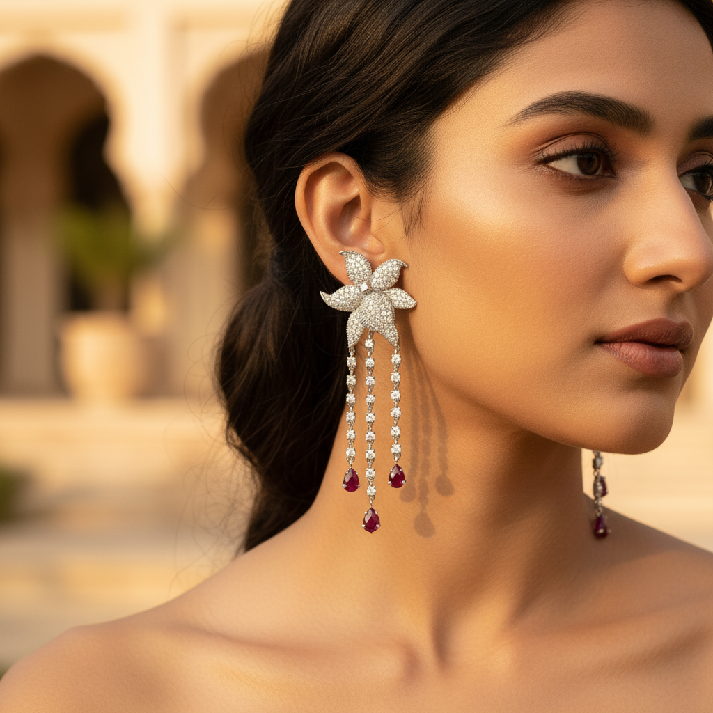 Silver Flower Earrings with Ruby Drops | Women's Dangle Earrings
