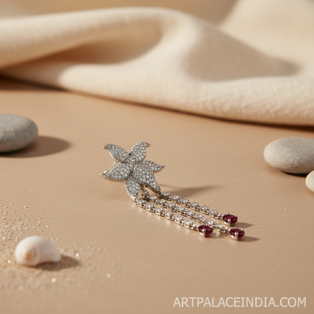 Silver Flower Earrings with Ruby Drops | Women's Dangle Earrings