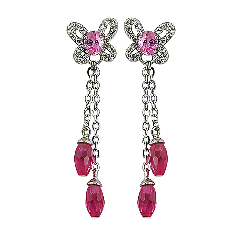 Feminine Unique Style Cubic Zirconia & Pink & Red Cubic Zirconia Gemstone Silver Earrings