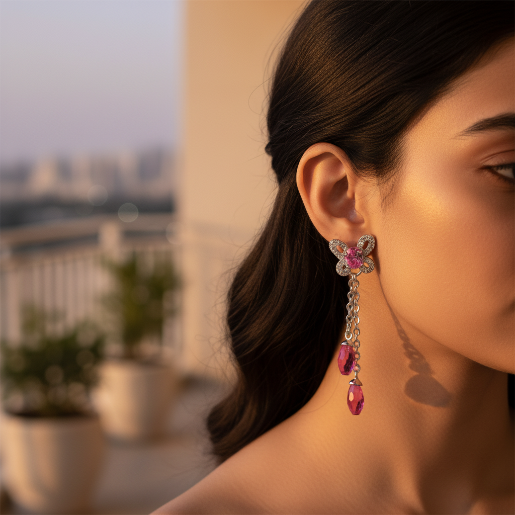 Silver Dangle Earrings with Pink Gemstones | Women's Jewelry Gift