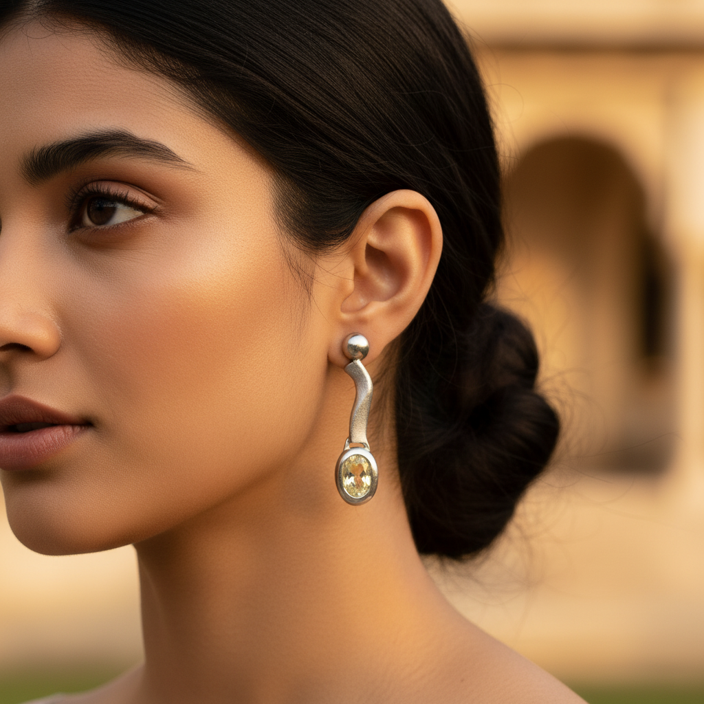 Silver Dangle Earrings with Green Stone for Women | Daily Wear