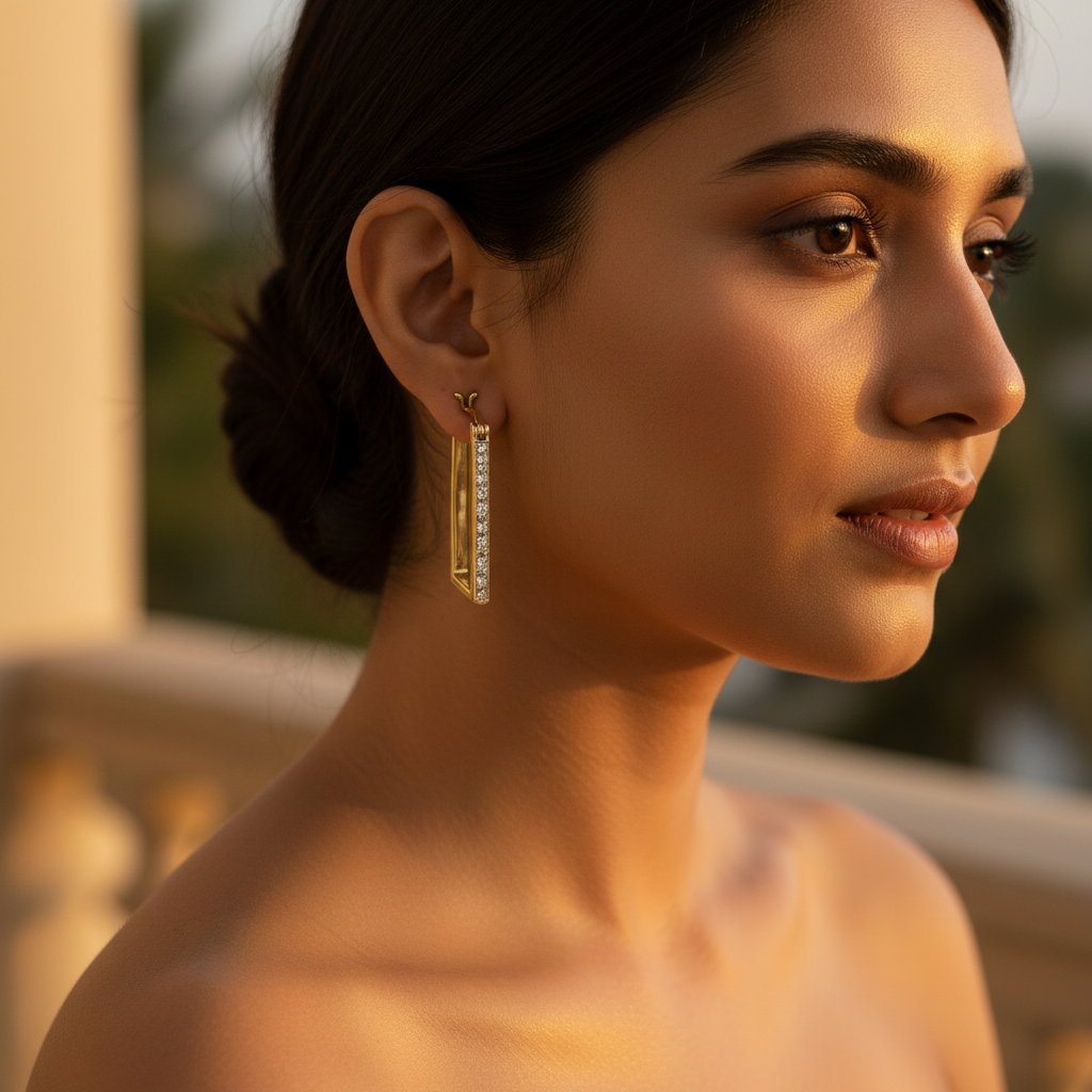 gold plating Rectangle Hoop Earrings | Crystal-Accented Women's Jewelry