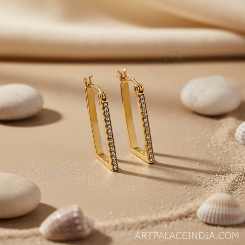 gold plating Rectangle Hoop Earrings | Crystal-Accented Women's Jewelry