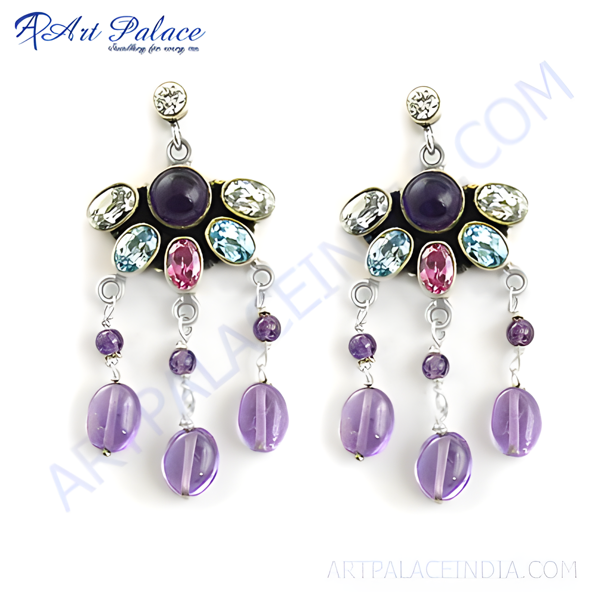 Amethyst dangle earrings with a silver toned metal setting, featuring a cluster of colorful gemstones