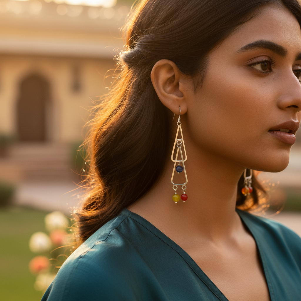 925 Silver Geometric Drop Earrings with Gemstone Accents