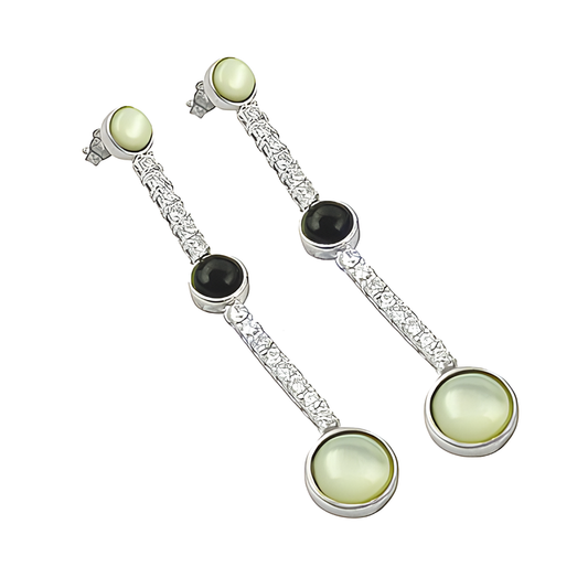 Pure Style Cubic Zirconia & Black Onyx & Mother Of Pearl Gemstone Silver Earrings