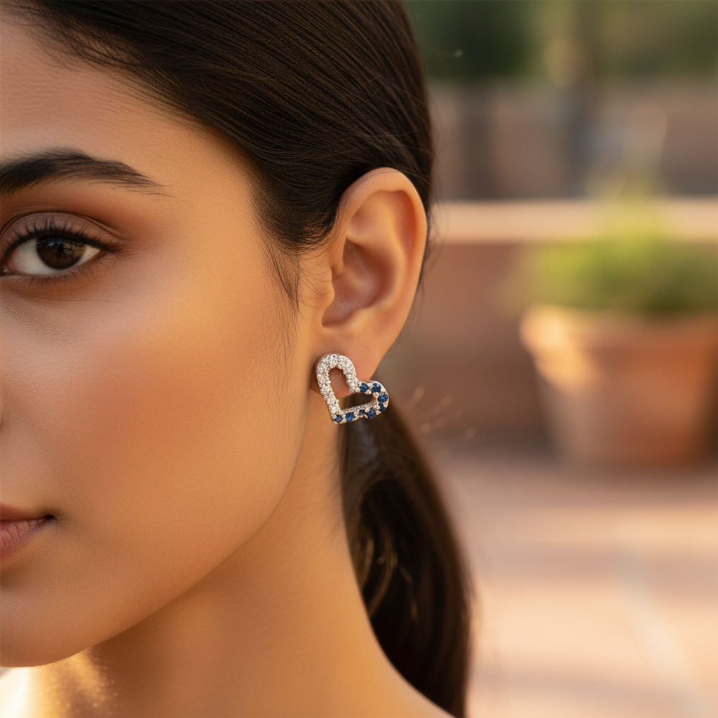 925 Silver Heart Stud Earrings with Blue Gemstones | Women's Jewelry