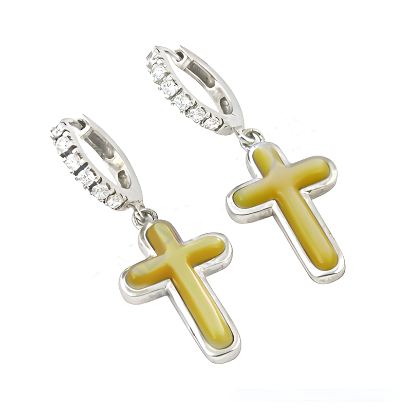 Religious Cross Style CZ & Pearl Silver Earring