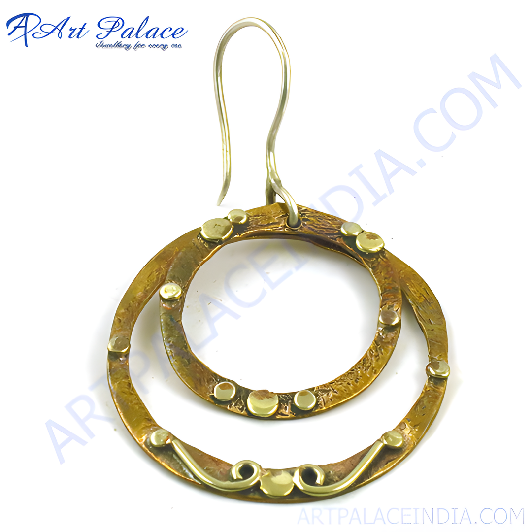 Brass circle drop earrings with gold plating accents, designed for women's fashion jewelry.