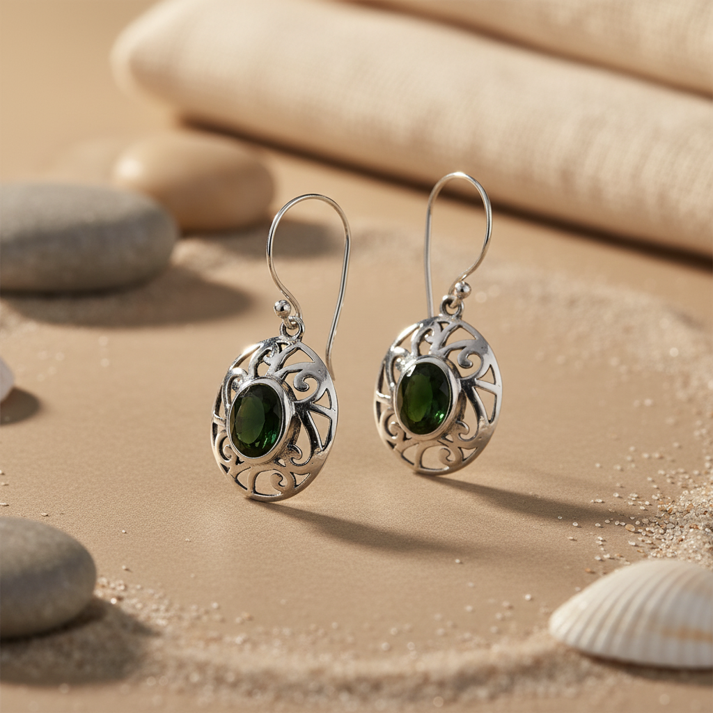 925 Silver Oval Green Stone Drop Earrings for Women