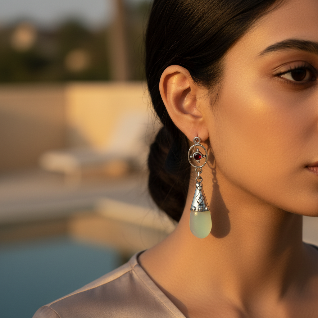 925纯银水滴形蛋白石耳环（女士款）| 垂坠耳环