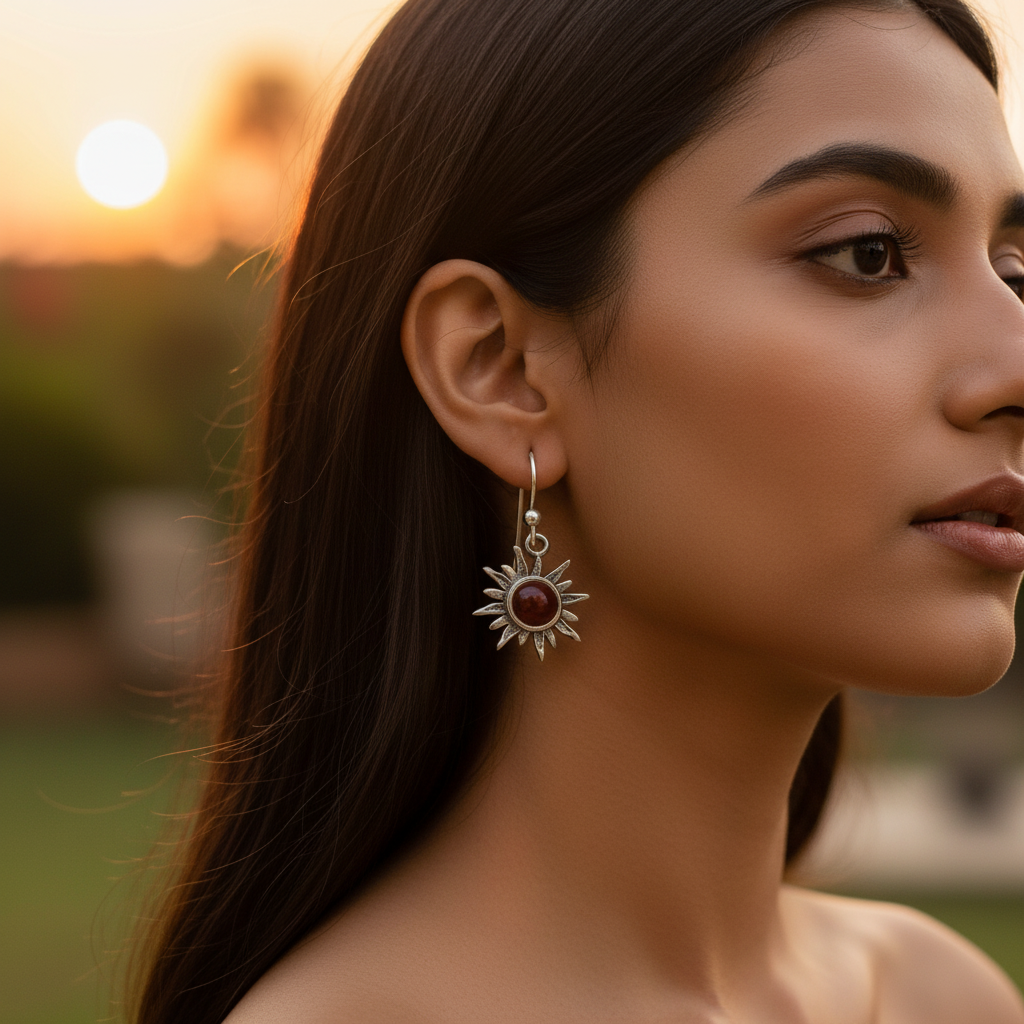 925 Silver Sunburst Earrings with Red Gemstone | Women's Jewelry